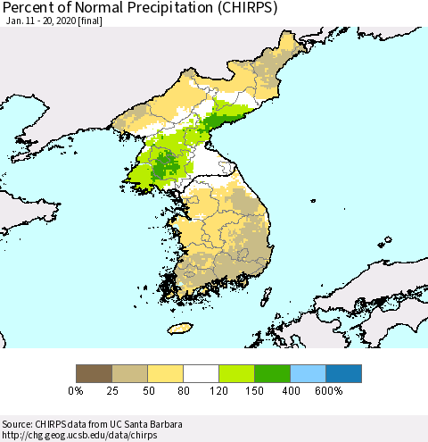 Korea Percent of Normal Precipitation (CHIRPS) Thematic Map For 1/11/2020 - 1/20/2020