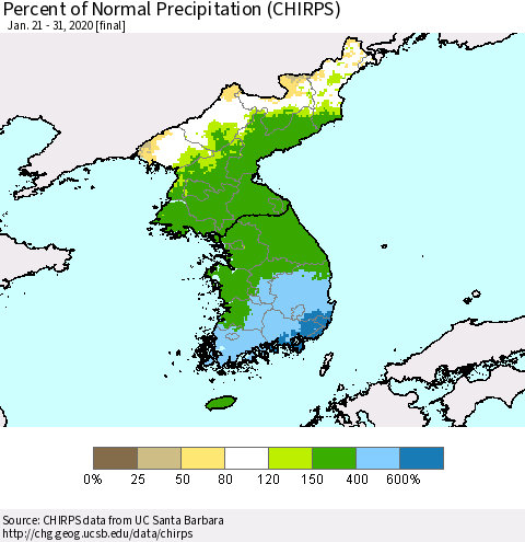 Korea Percent of Normal Precipitation (CHIRPS) Thematic Map For 1/21/2020 - 1/31/2020