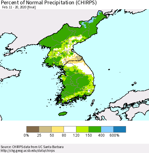 Korea Percent of Normal Precipitation (CHIRPS) Thematic Map For 2/11/2020 - 2/20/2020