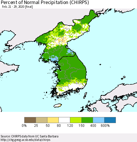 Korea Percent of Normal Precipitation (CHIRPS) Thematic Map For 2/21/2020 - 2/29/2020