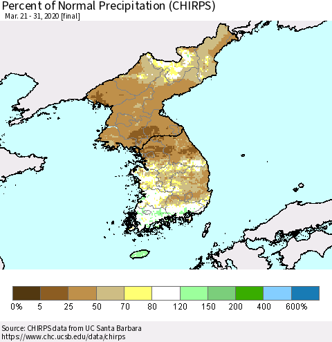 Korea Percent of Normal Precipitation (CHIRPS) Thematic Map For 3/21/2020 - 3/31/2020