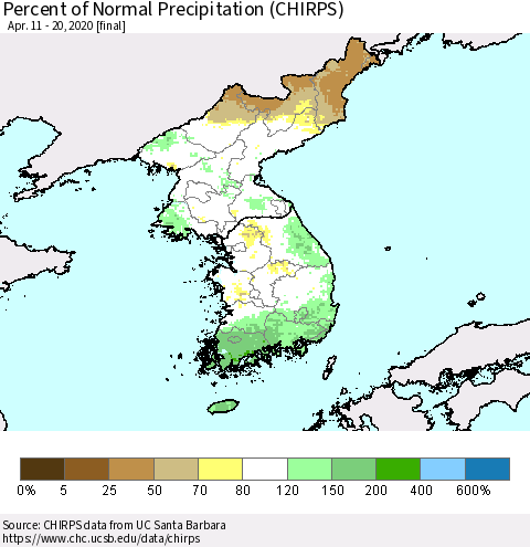 Korea Percent of Normal Precipitation (CHIRPS) Thematic Map For 4/11/2020 - 4/20/2020