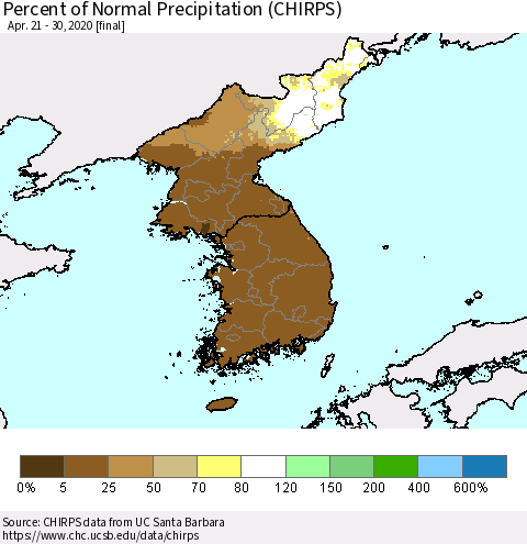 Korea Percent of Normal Precipitation (CHIRPS) Thematic Map For 4/21/2020 - 4/30/2020