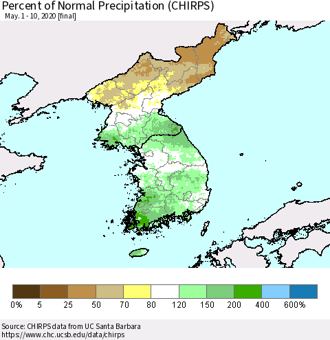 Korea Percent of Normal Precipitation (CHIRPS) Thematic Map For 5/1/2020 - 5/10/2020