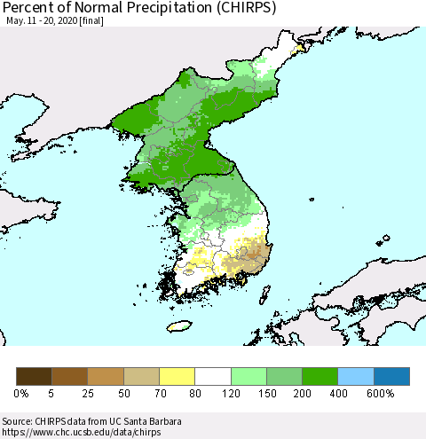 Korea Percent of Normal Precipitation (CHIRPS) Thematic Map For 5/11/2020 - 5/20/2020