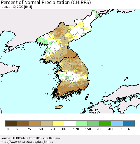 Korea Percent of Normal Precipitation (CHIRPS) Thematic Map For 6/1/2020 - 6/10/2020