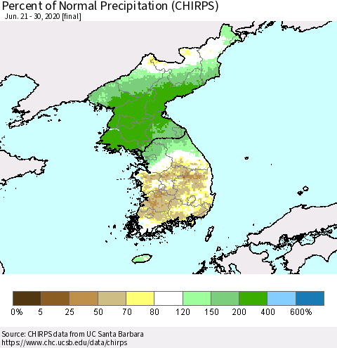 Korea Percent of Normal Precipitation (CHIRPS) Thematic Map For 6/21/2020 - 6/30/2020
