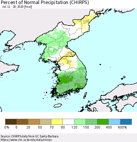 Korea Percent of Normal Precipitation (CHIRPS) Thematic Map For 7/11/2020 - 7/20/2020