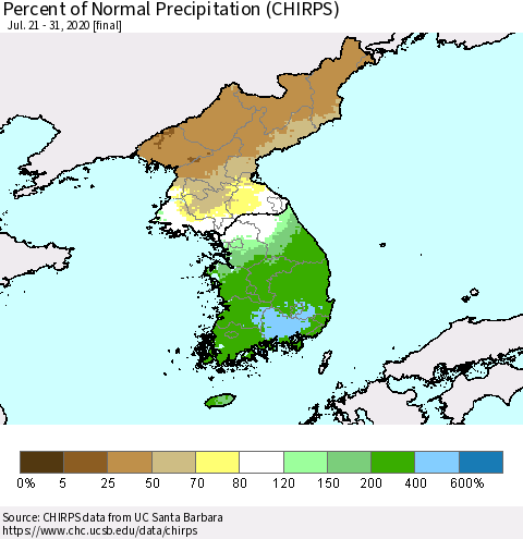 Korea Percent of Normal Precipitation (CHIRPS) Thematic Map For 7/21/2020 - 7/31/2020