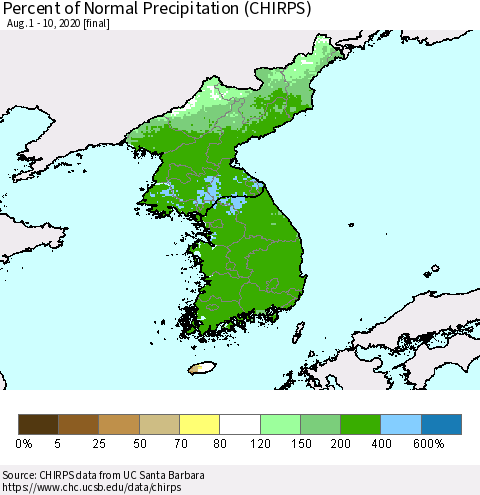 Korea Percent of Normal Precipitation (CHIRPS) Thematic Map For 8/1/2020 - 8/10/2020