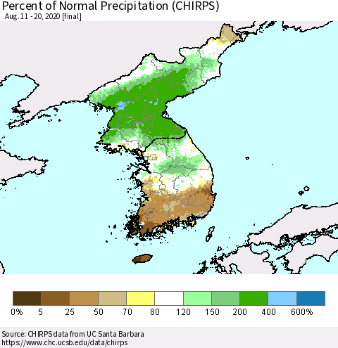 Korea Percent of Normal Precipitation (CHIRPS) Thematic Map For 8/11/2020 - 8/20/2020
