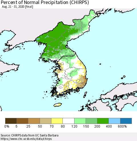 Korea Percent of Normal Precipitation (CHIRPS) Thematic Map For 8/21/2020 - 8/31/2020