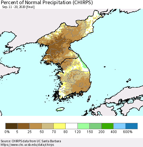 Korea Percent of Normal Precipitation (CHIRPS) Thematic Map For 9/11/2020 - 9/20/2020