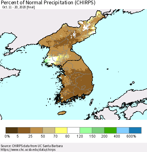 Korea Percent of Normal Precipitation (CHIRPS) Thematic Map For 10/11/2020 - 10/20/2020