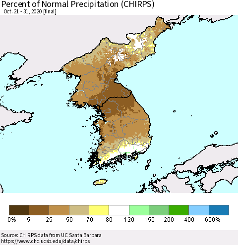 Korea Percent of Normal Precipitation (CHIRPS) Thematic Map For 10/21/2020 - 10/31/2020