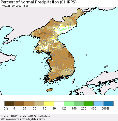 Korea Percent of Normal Precipitation (CHIRPS) Thematic Map For 11/21/2020 - 11/30/2020
