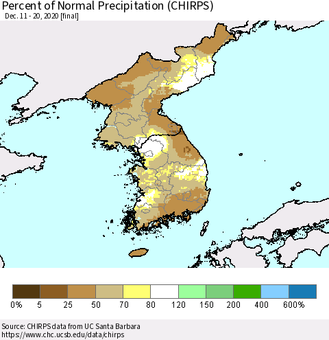 Korea Percent of Normal Precipitation (CHIRPS) Thematic Map For 12/11/2020 - 12/20/2020