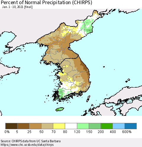 Korea Percent of Normal Precipitation (CHIRPS) Thematic Map For 1/1/2021 - 1/10/2021