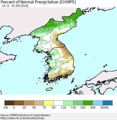 Korea Percent of Normal Precipitation (CHIRPS) Thematic Map For 1/11/2021 - 1/20/2021