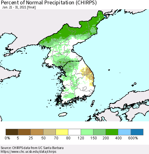Korea Percent of Normal Precipitation (CHIRPS) Thematic Map For 1/21/2021 - 1/31/2021