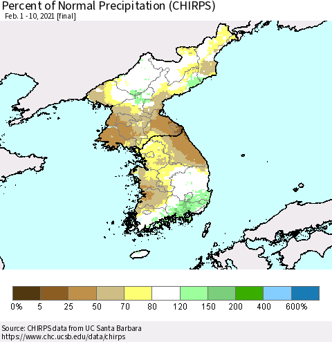 Korea Percent of Normal Precipitation (CHIRPS) Thematic Map For 2/1/2021 - 2/10/2021