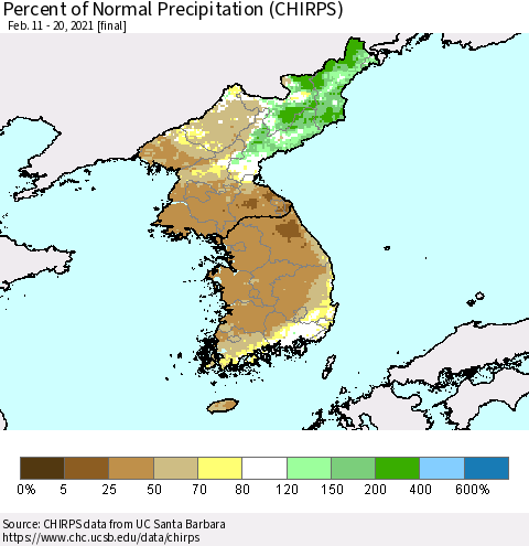Korea Percent of Normal Precipitation (CHIRPS) Thematic Map For 2/11/2021 - 2/20/2021