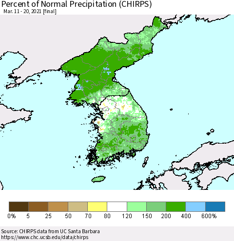 Korea Percent of Normal Precipitation (CHIRPS) Thematic Map For 3/11/2021 - 3/20/2021