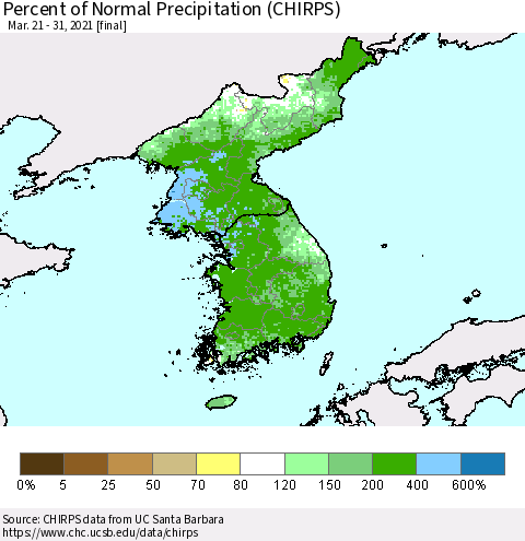 Korea Percent of Normal Precipitation (CHIRPS) Thematic Map For 3/21/2021 - 3/31/2021