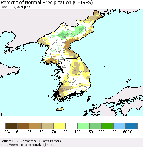 Korea Percent of Normal Precipitation (CHIRPS) Thematic Map For 4/1/2021 - 4/10/2021