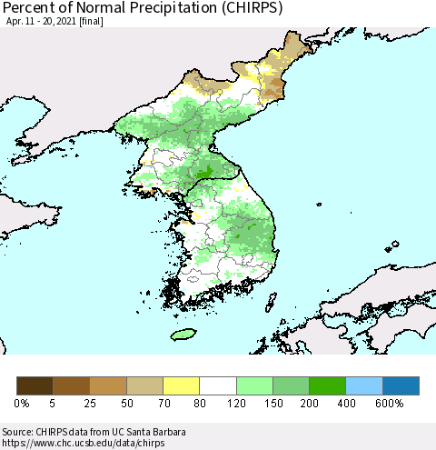 Korea Percent of Normal Precipitation (CHIRPS) Thematic Map For 4/11/2021 - 4/20/2021