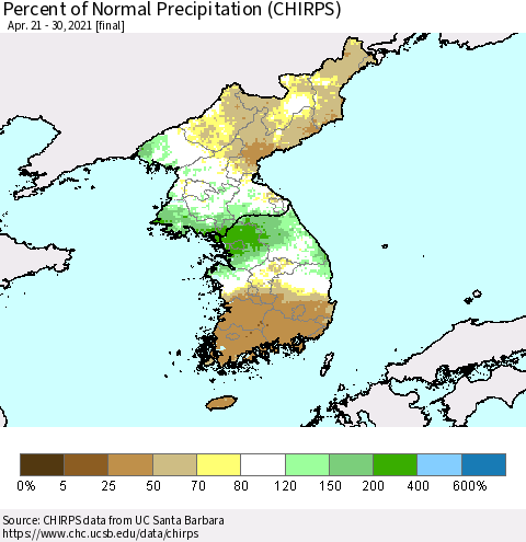 Korea Percent of Normal Precipitation (CHIRPS) Thematic Map For 4/21/2021 - 4/30/2021