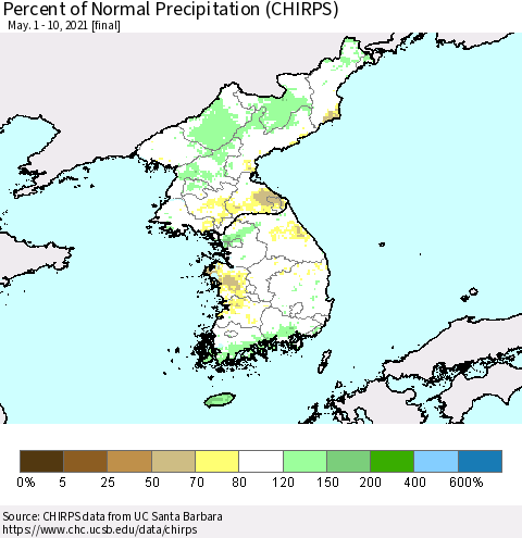 Korea Percent of Normal Precipitation (CHIRPS) Thematic Map For 5/1/2021 - 5/10/2021