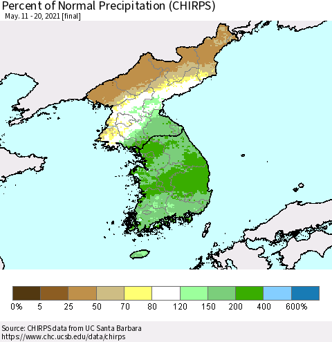 Korea Percent of Normal Precipitation (CHIRPS) Thematic Map For 5/11/2021 - 5/20/2021