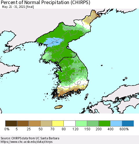 Korea Percent of Normal Precipitation (CHIRPS) Thematic Map For 5/21/2021 - 5/31/2021