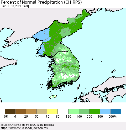 Korea Percent of Normal Precipitation (CHIRPS) Thematic Map For 6/1/2021 - 6/10/2021