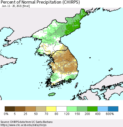 Korea Percent of Normal Precipitation (CHIRPS) Thematic Map For 6/11/2021 - 6/20/2021