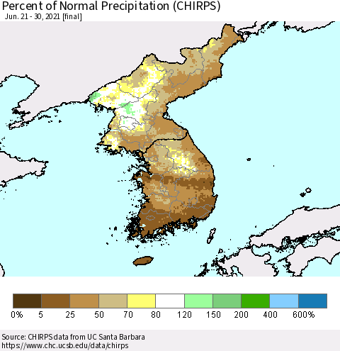 Korea Percent of Normal Precipitation (CHIRPS) Thematic Map For 6/21/2021 - 6/30/2021