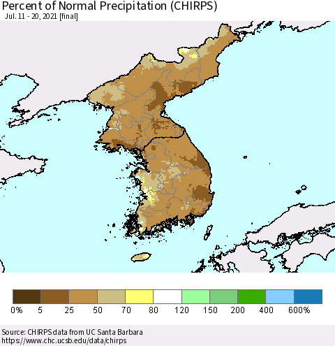 Korea Percent of Normal Precipitation (CHIRPS) Thematic Map For 7/11/2021 - 7/20/2021