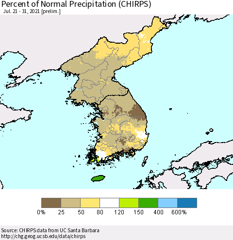 Korea Percent of Normal Precipitation (CHIRPS) Thematic Map For 7/21/2021 - 7/31/2021