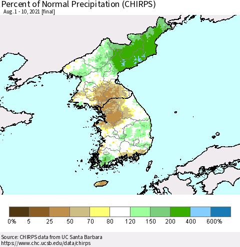 Korea Percent of Normal Precipitation (CHIRPS) Thematic Map For 8/1/2021 - 8/10/2021
