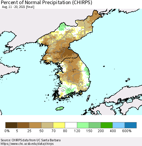 Korea Percent of Normal Precipitation (CHIRPS) Thematic Map For 8/11/2021 - 8/20/2021