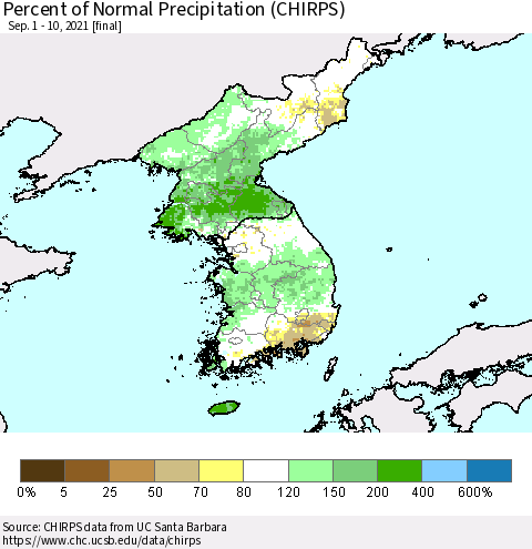 Korea Percent of Normal Precipitation (CHIRPS) Thematic Map For 9/1/2021 - 9/10/2021