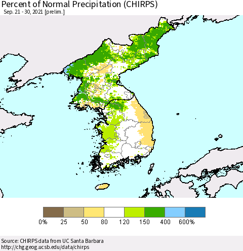 Korea Percent of Normal Precipitation (CHIRPS) Thematic Map For 9/21/2021 - 9/30/2021