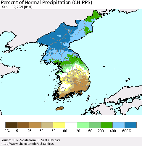 Korea Percent of Normal Precipitation (CHIRPS) Thematic Map For 10/1/2021 - 10/10/2021