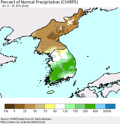 Korea Percent of Normal Precipitation (CHIRPS) Thematic Map For 10/11/2021 - 10/20/2021