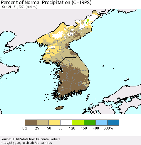 Korea Percent of Normal Precipitation (CHIRPS) Thematic Map For 10/21/2021 - 10/31/2021