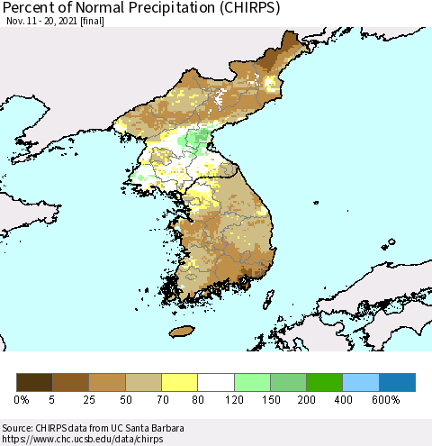 Korea Percent of Normal Precipitation (CHIRPS) Thematic Map For 11/11/2021 - 11/20/2021