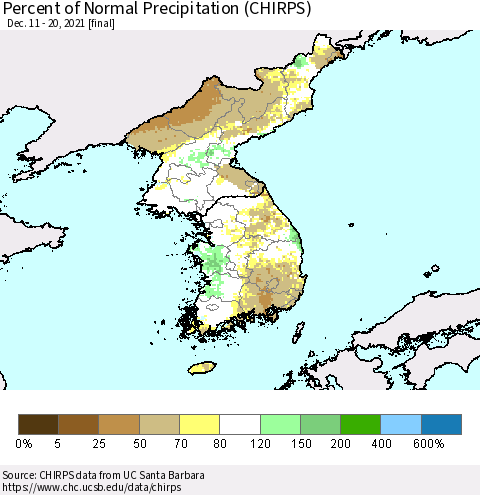 Korea Percent of Normal Precipitation (CHIRPS) Thematic Map For 12/11/2021 - 12/20/2021