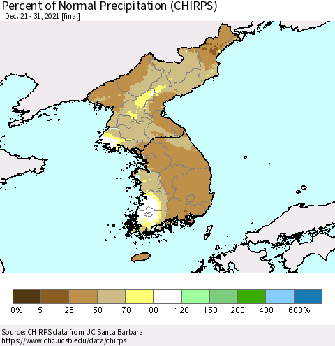 Korea Percent of Normal Precipitation (CHIRPS) Thematic Map For 12/21/2021 - 12/31/2021