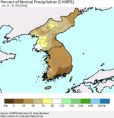 Korea Percent of Normal Precipitation (CHIRPS) Thematic Map For 1/21/2022 - 1/31/2022